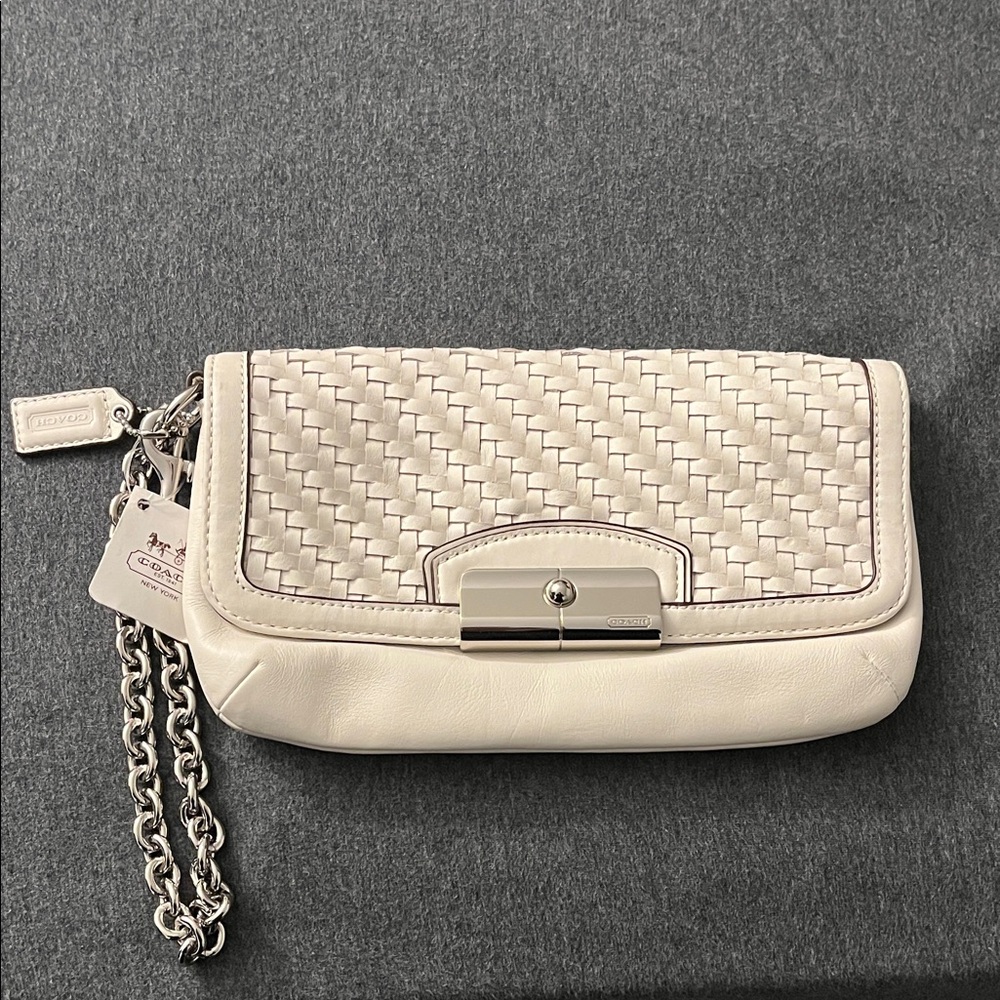 Coach Cream Woven Leather Flap Wristlet with Silver Chain